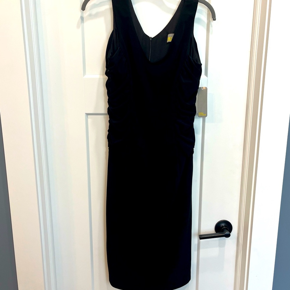 Linea Domani Women’s Size 6 Black Sleeveless Midi Rouched Side Dress Lined‎
